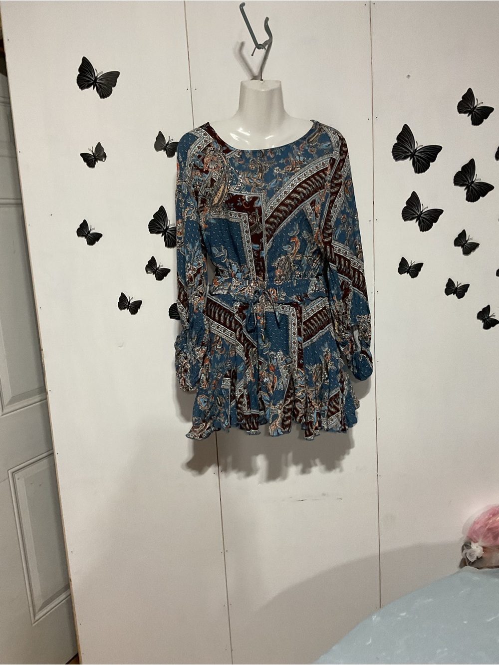 Boho Paisley Blue Long-Sleeve Romper with Tie Waist
